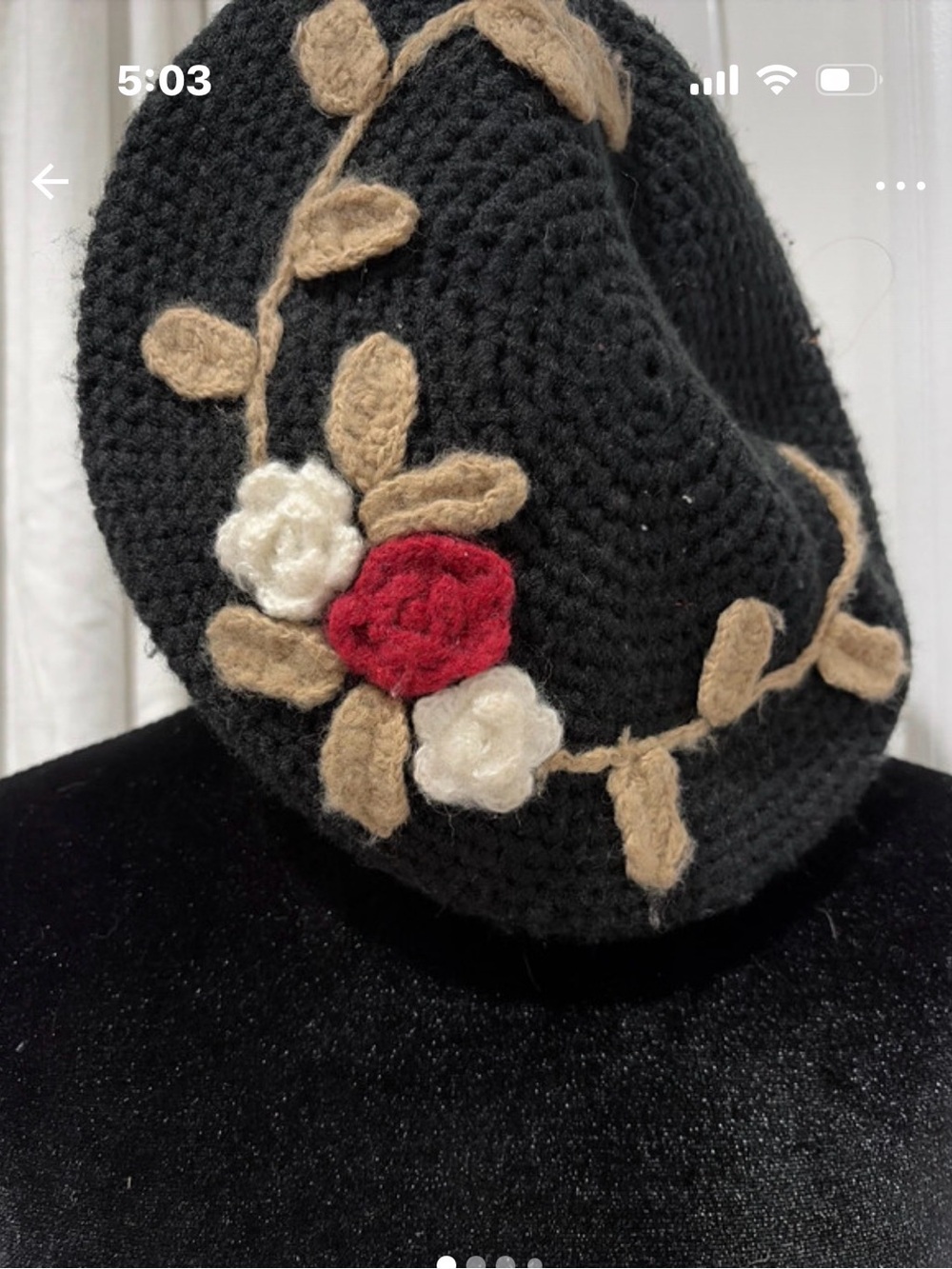 Fair Weather Black Crochet Floral Beret with Red & White Accents